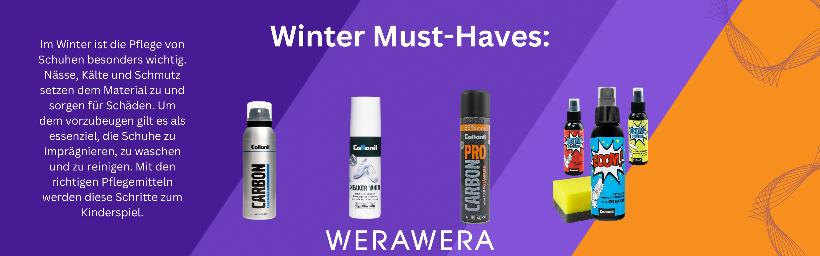 buntes banner werawera.com für schuhpflegeprodukte im winter mit kurzem text