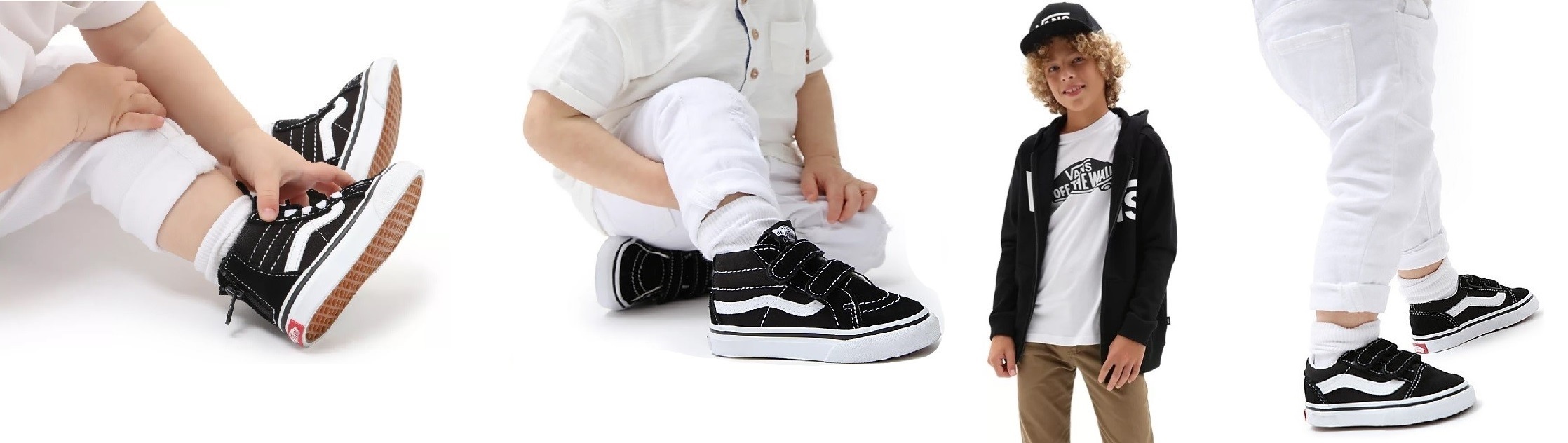 Verschiedene Kinderschuhe mit Models der Marke Vans